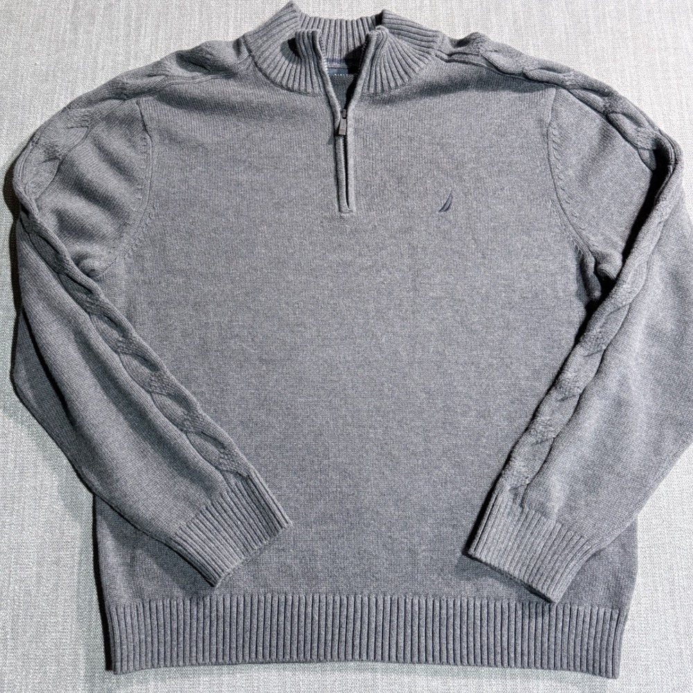 Nautica Mens XL Gray Quarter Zip Cable Knit Sleeve Mock Neck Sweater Logo